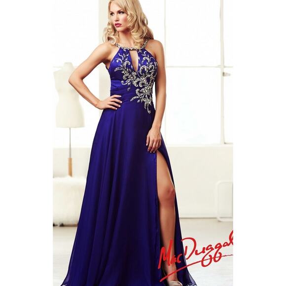 Mac Duggal Beaded Sequin Halter Maxi Prom Dress Cut-Out Open Back Sparkle Gown - Picture 1 of 13